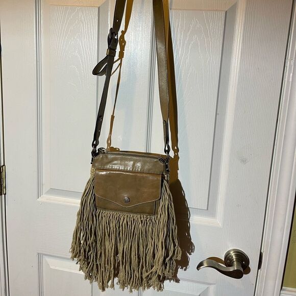 Ghurka made in Italy leather & textile Khaki woven & fringe small crossbody bag - Picture 2 of 16